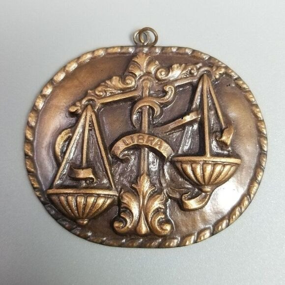 Vintage Large Libra Scales Pendant, Copper Zodiac Sign, Oval Shape, Estate - Picture 2 of 7